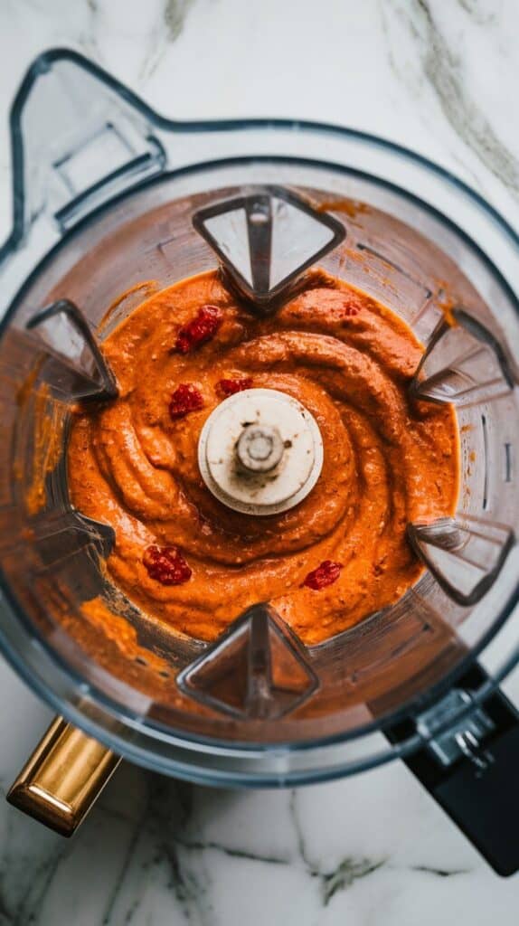 romesco sauce mid-blend inside the blender, thick orange-red color forming a swirl, flecks of almonds and red pepper visible.