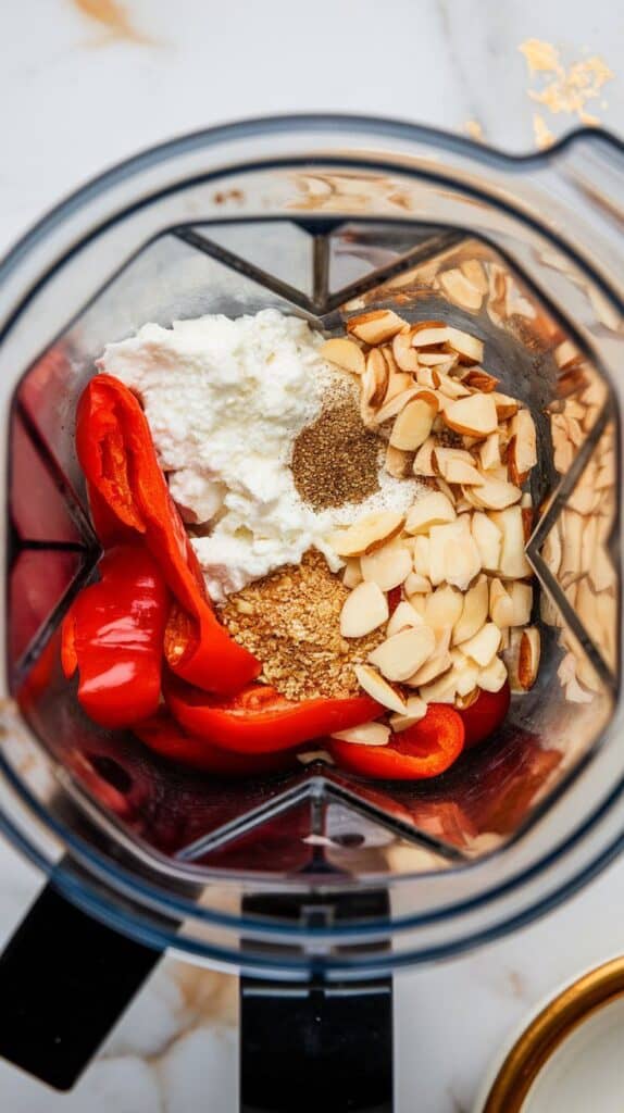 all romesco ingredients inside a blender cup before blending—roasted red peppers, white cottage cheese, chopped almonds, garlic, and seasonings all stacked and ready