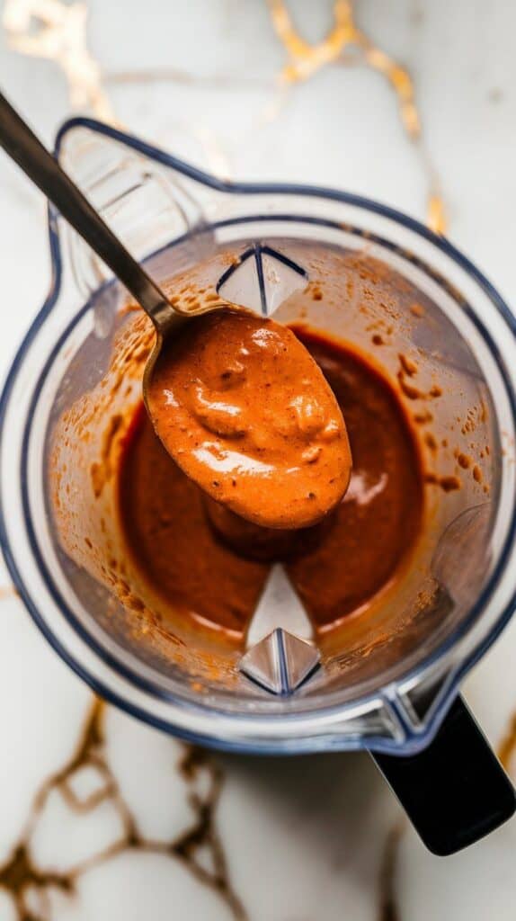 a spoon dipping into blended romesco sauce in the blender, thick creamy sauce clinging to spoon with a glossy finish.