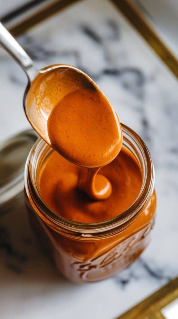 romesco sauce being spooned into a glass jar, rich creamy texture, vibrant color, and spoon drizzling a ribbon of sauce