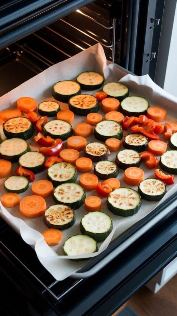 roasted veggies on a parchment-lined sheet pan, slightly browned edges and caramelized spots visible on zucchini and carrots