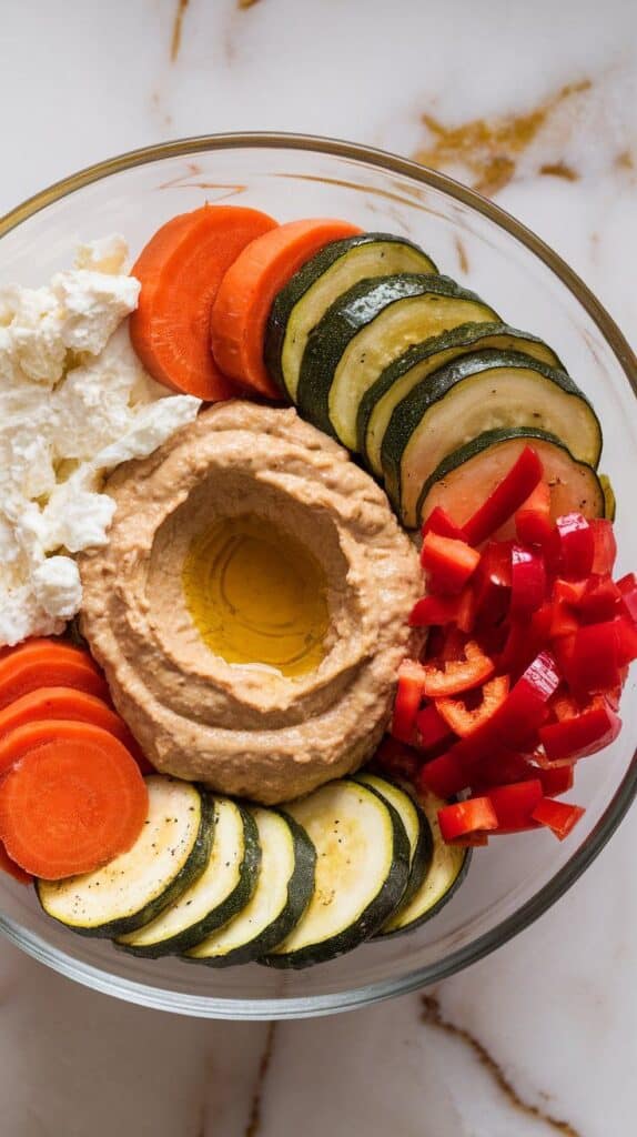 bowl with colorful roasted veggies next to cottage cheese, a generous dollop of creamy hummus in the center, drizzled with olive oil.