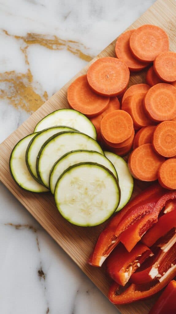 sliced zucchini rounds, peeled carrot sticks, and chopped red bell pepper on a wooden cutting board, bright and fresh