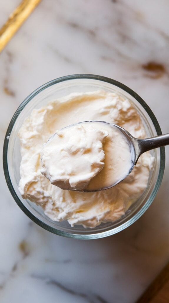 creamy cottage cheese spooned into a white ceramic bowl, soft texture with slight curd pattern.