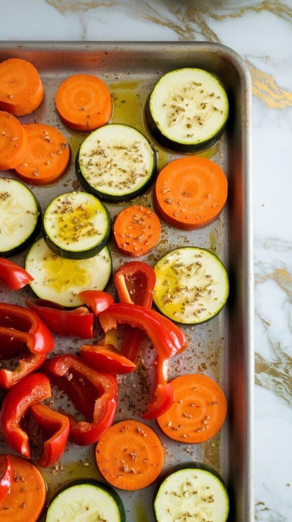 chopped veggies tossed in olive oil and seasoning, glistening and ready to roast on a sheet pan
