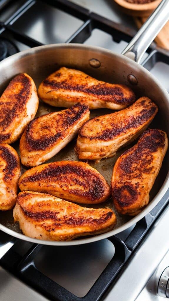 golden brown shawarma-spiced chicken strips sizzling in a skillet, edges slightly crisp.