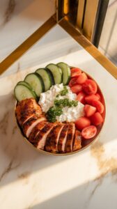 shawarma chicken cottage cheese bowl being assembled, ingredients placed neatly in sections: chicken, cottage cheese, cucumber, tomatoes, topped with parsley