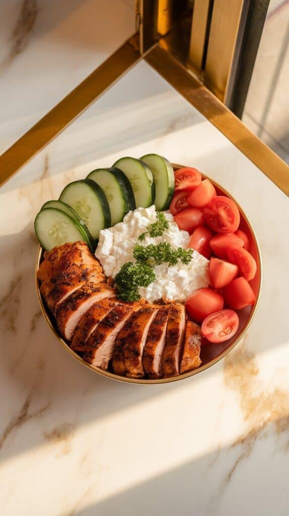 shawarma chicken cottage cheese bowl being assembled, ingredients placed neatly in sections: chicken, cottage cheese, cucumber, tomatoes, topped with parsley