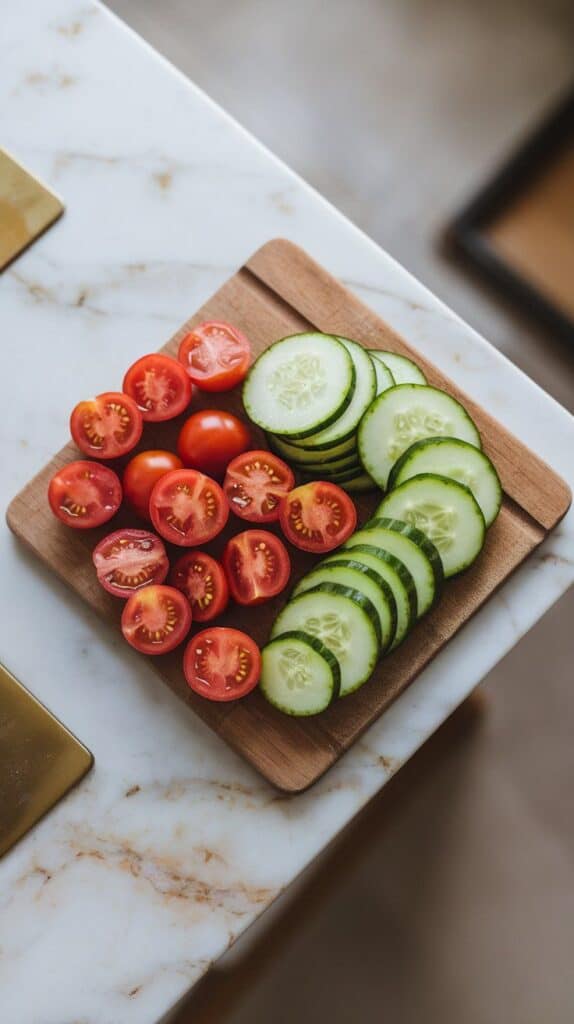 freshly sliced cucumber and halved cherry tomatoes on a wooden cutting board. White marble counters with hints of gold