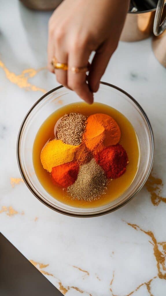 vibrant spices being sprinkled into the bowl, forming colorful mounds on top of the liquid mixture