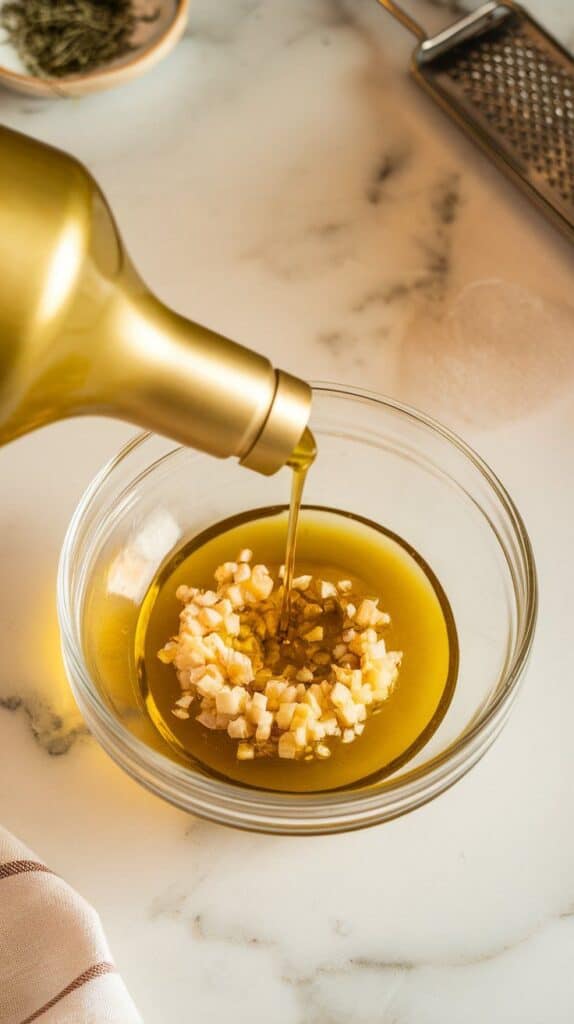 golden olive oil being poured into the garlic and lemon mixture, oil resting on top before blending.