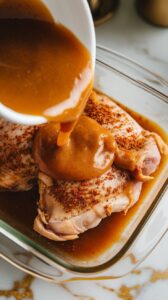 shawarma marinade being poured over chicken thighs in a glass dish, thick and golden with spices clinging to the meat.