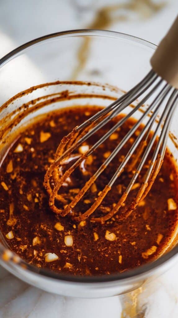 thick, golden-brown marinade being whisked together, spices and garlic evenly mixed throughout