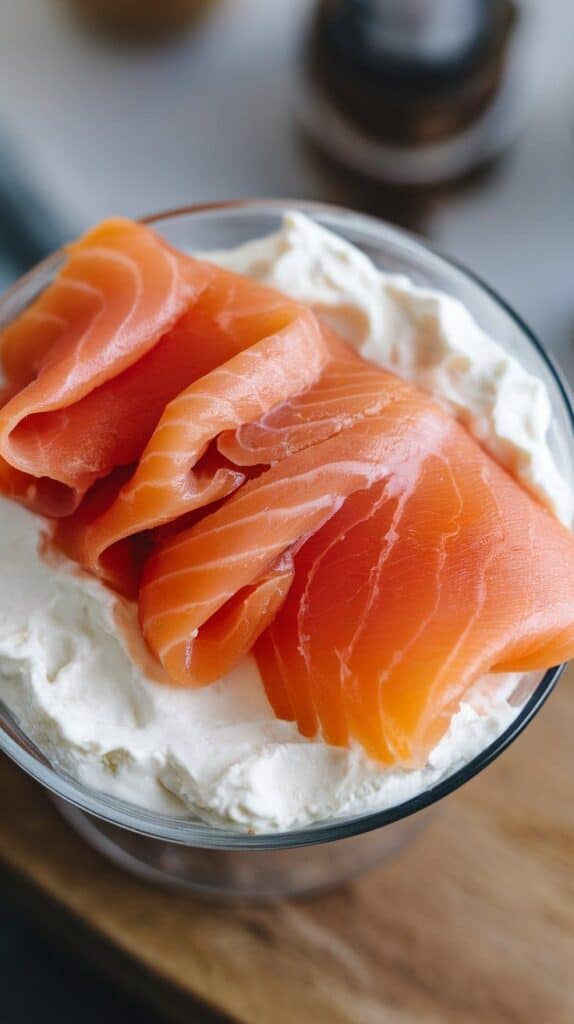 silky smoked salmon slices draped next to cottage cheese in a white bowl. Light marbling and folds of salmon visible.