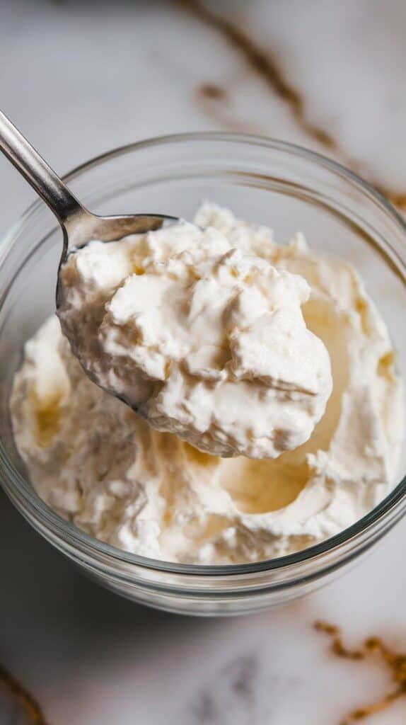 creamy cottage cheese spooned into a white bowl, soft curds and creamy texture visible