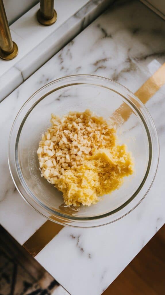 freshly minced garlic and grated ginger in a glass mixing bowl, ready for liquid ingredients.