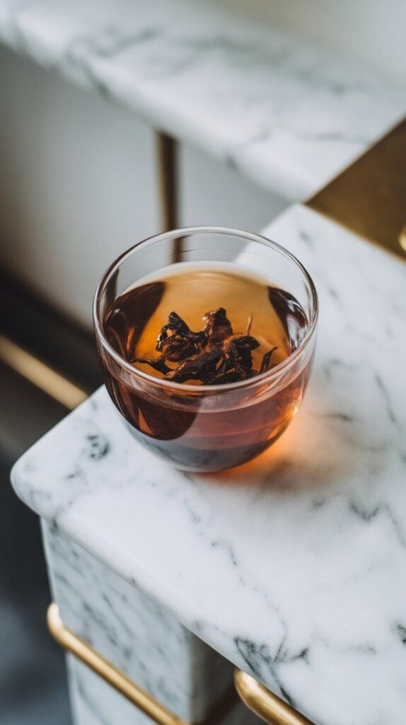 dark Lapsang Souchong tea steeping in a clear glass cup, loose leaves floating and deep amber liquid forming