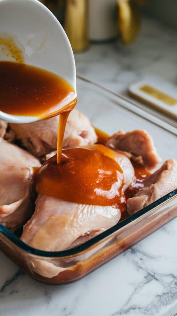 marinade being poured over portobello mushrooms in a shallow dish, smoky amber liquid coating each piece