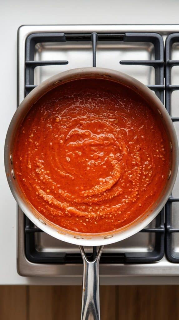 creamy red arrabbiata sauce simmering gently in a pan, rich texture with tiny bubbles, ready to serve.