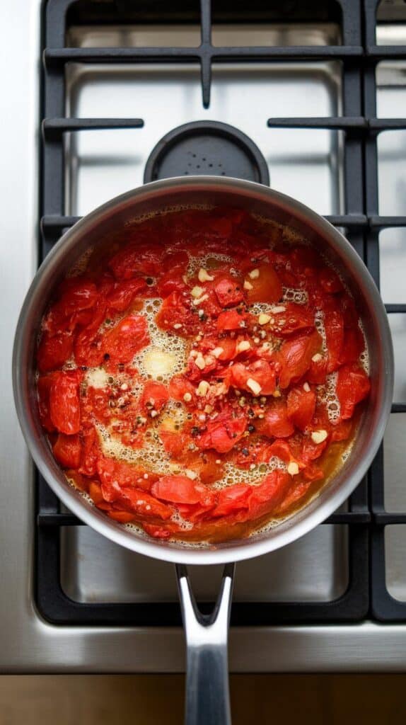 crushed tomatoes bubbling in the pan with flecks of seasoning and garlic visible, bright red and chunky