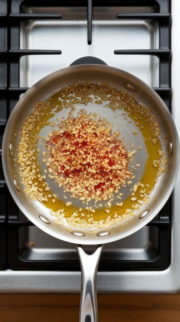minced garlic and crushed red pepper flakes sizzling in olive oil, edges just golden. On a modern stainless steel gas stove