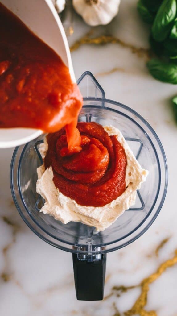 hot tomato sauce being poured into a blender with cottage cheese already inside, thick and rich mixture ready to blend.