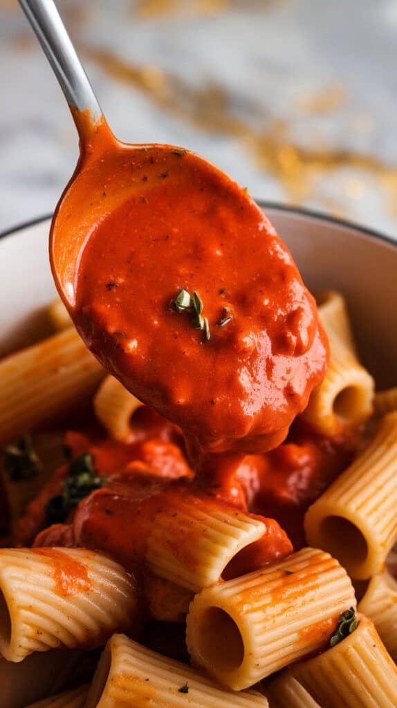 creamy spicy arrabbiata being spooned over rigatoni pasta, sauce clinging beautifully with flecks of pepper and herbs.