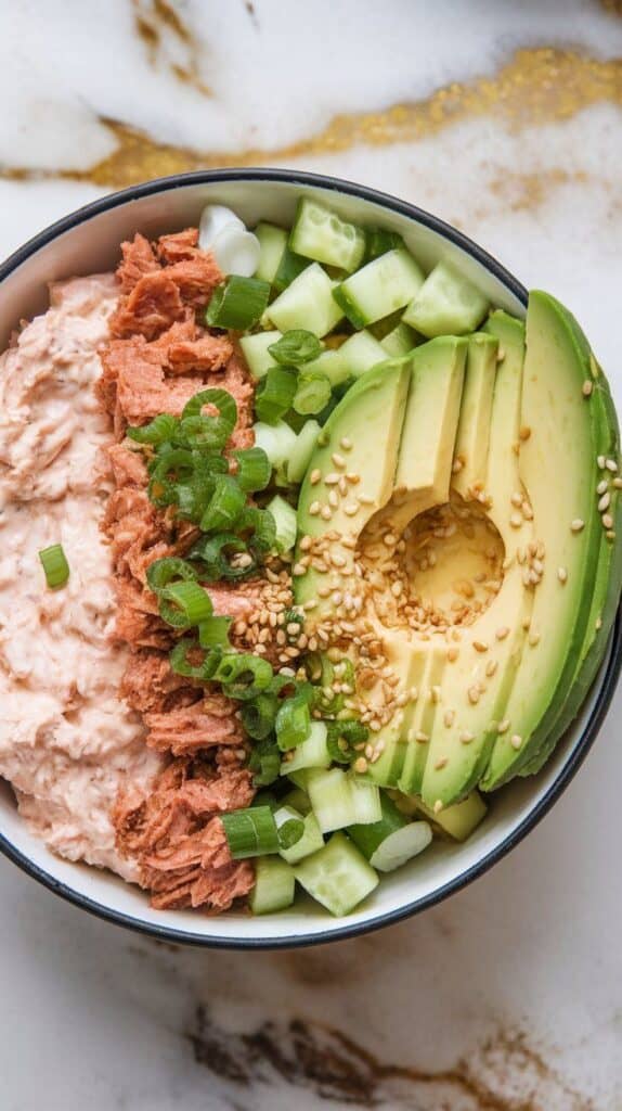 finished spicy tuna cottage cheese bowl with creamy mixture on one side, diced cucumber and fanned avocado slices on the other, green onions and sesame seeds sprinkled over the top.