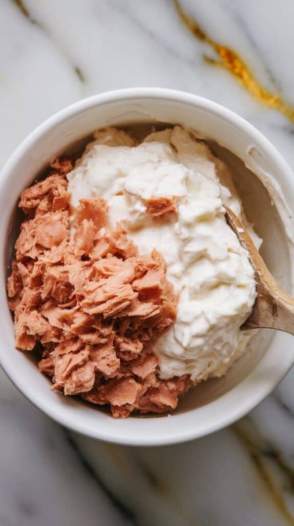 cottage cheese and tuna being stirred together in a small white bowl, soft texture blending to a smooth mix with small tuna flakes visible