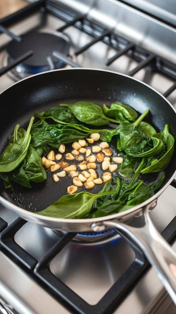 garlic and fresh spinach sautéing in olive oil in a nonstick skillet, spinach just starting to wilt.