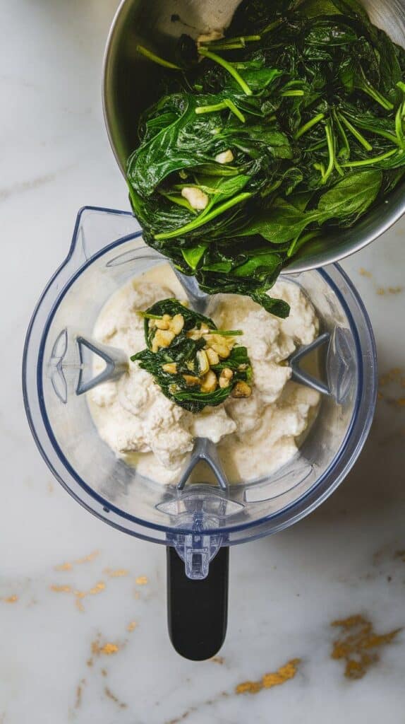 sautéed spinach and garlic being added to a blender with cottage cheese already inside, bright greens on creamy white base.