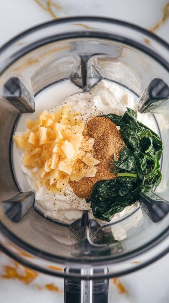 Parmesan, milk, black pepper, and nutmeg sprinkled on top of cottage cheese and spinach in the blender just before blending.