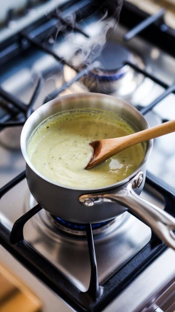 green Alfredo sauce warming in a saucepan, steam rising gently as it’s stirred with a wooden spoon.