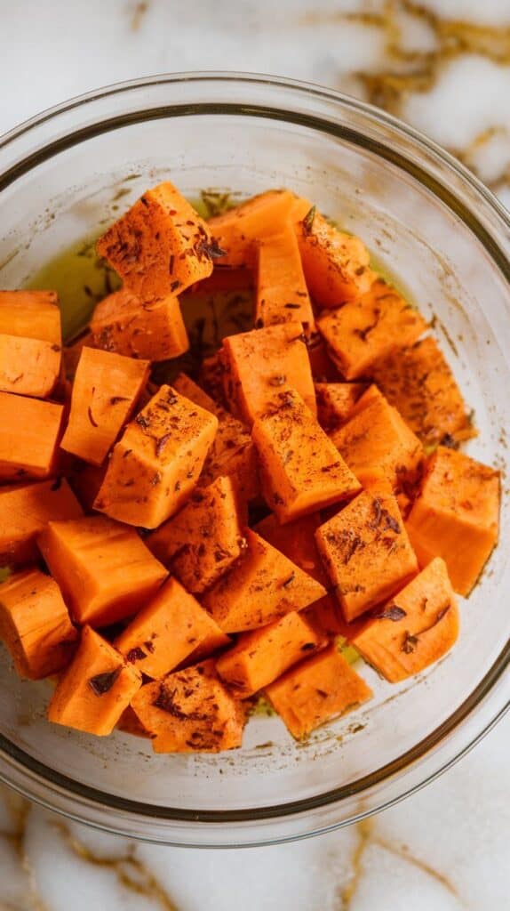 sweet potato cubes tossed in olive oil and spices, evenly coated in a glass mixing bowl.