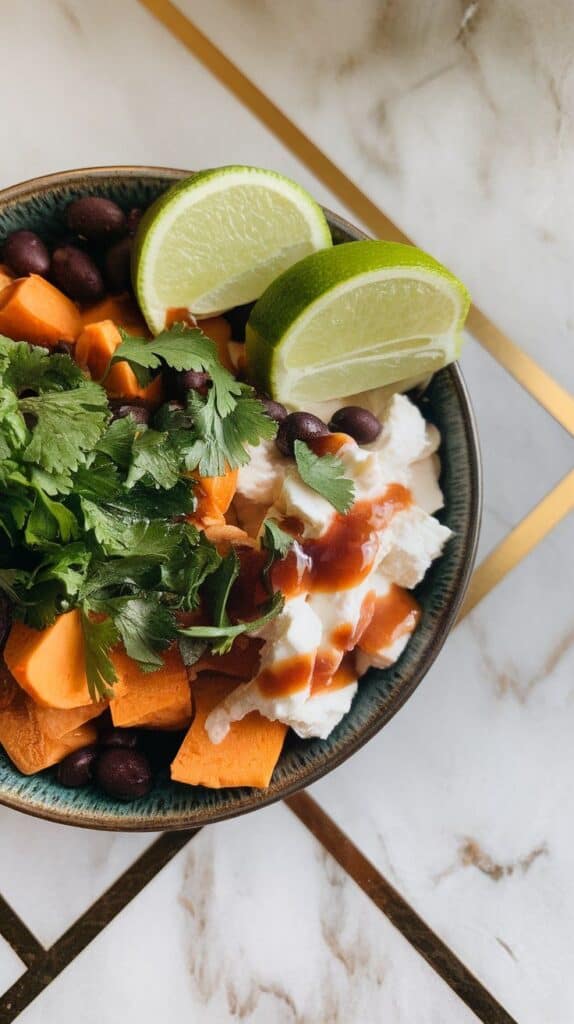 finished bowl with chopped cilantro, lime wedges, and avocado slices over sweet potato, black beans, and cottage cheese.