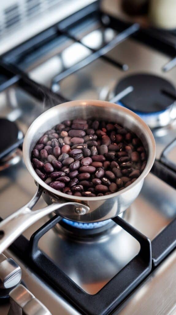 black beans heating in a small stainless steel saucepan, steam rising slightly.