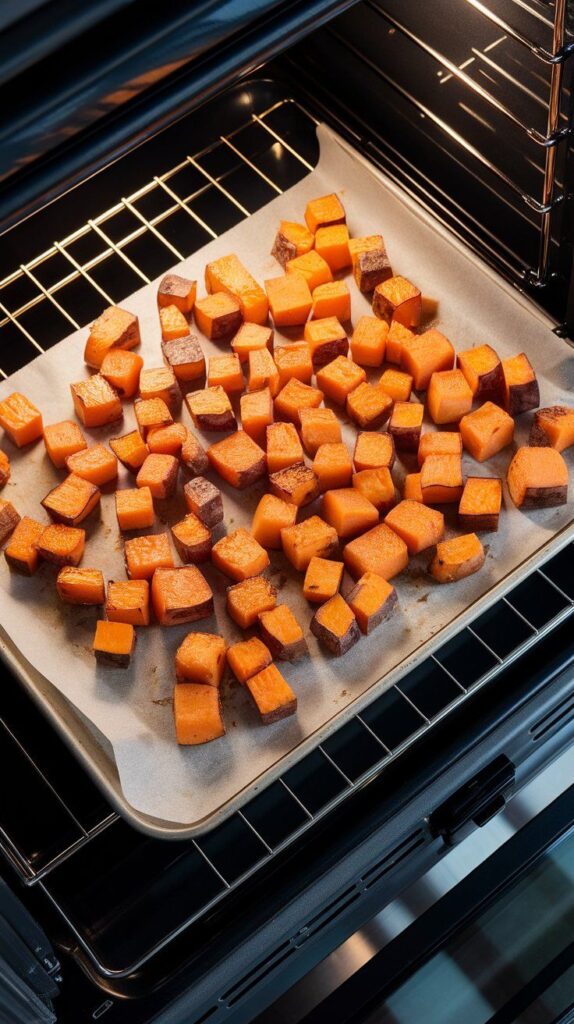 roasted sweet potato cubes with golden-brown edges on a parchment-lined sheet pan.