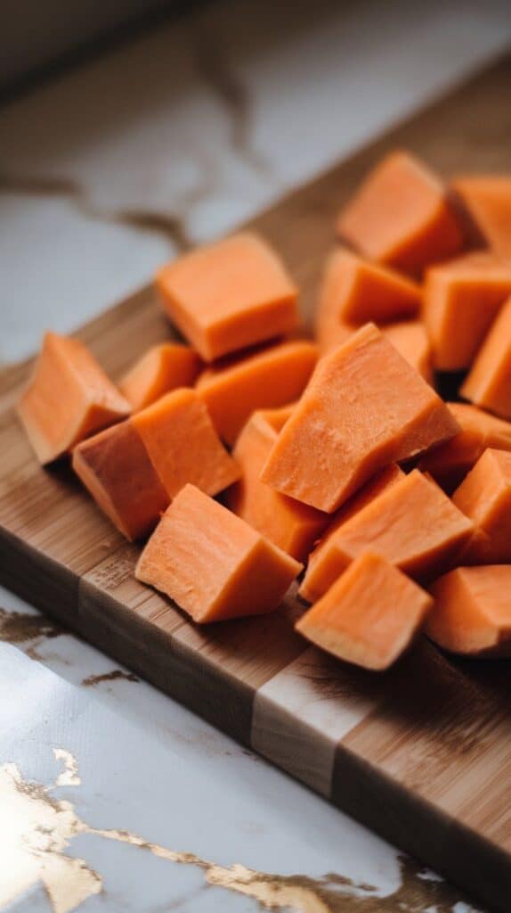 raw sweet potato cubes on a wooden cutting board, vibrant orange color and even sizing.