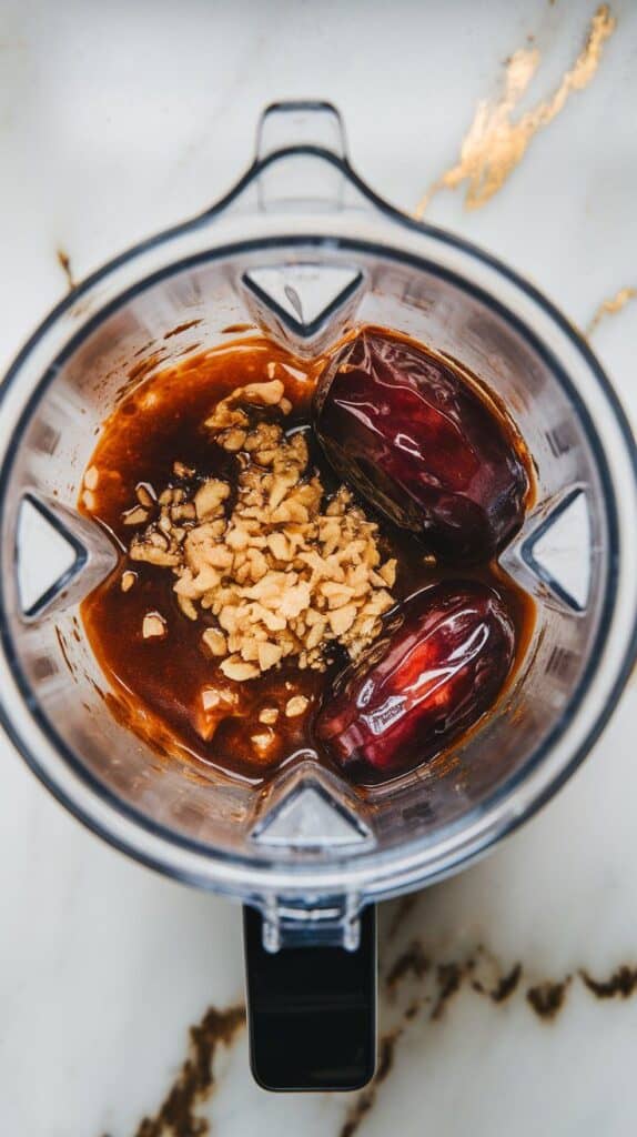 amarind paste, softened dates, and minced garlic placed in a blender cup, sticky and rich in color.