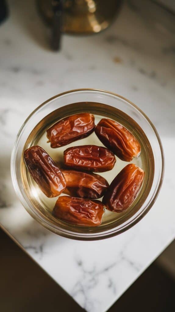 pitted Medjool dates soaking in a small glass bowl of warm water, softening with wrinkled skin visible.