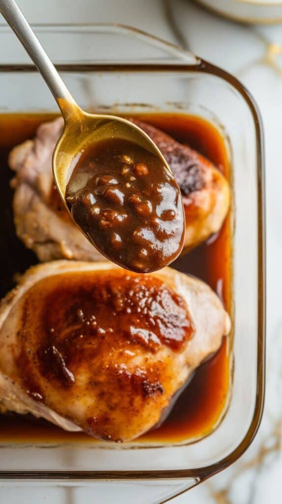 thick marinade being spooned over chicken thighs in a glass dish, rich brown glaze coating the meat evenly.