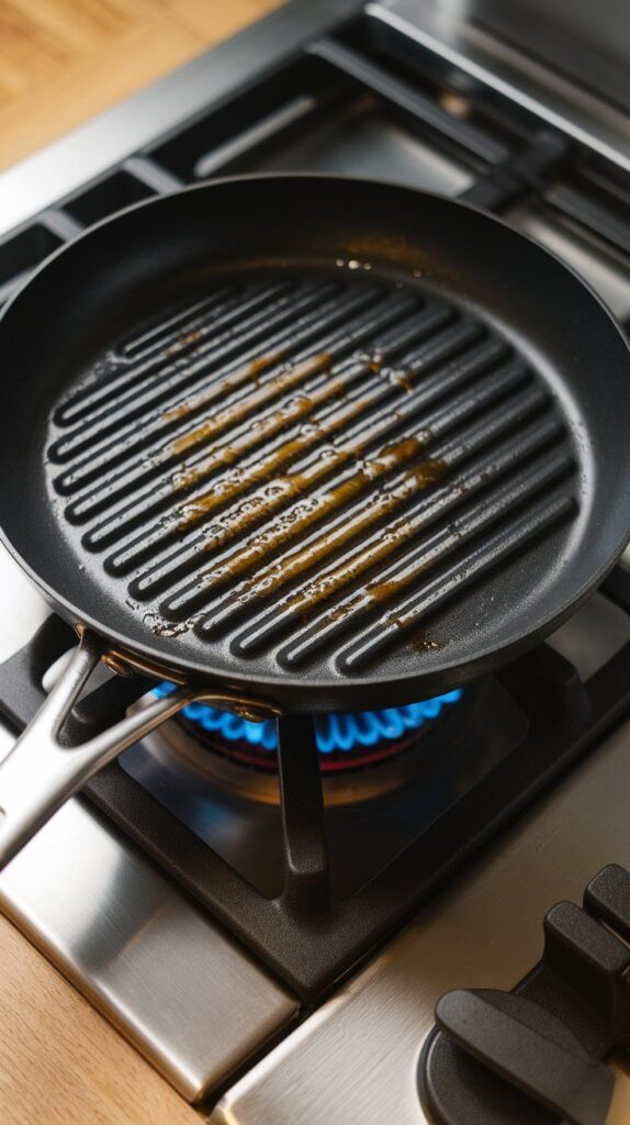 a grill pan preheated over a gas flame, lightly brushed with olive oil, with a slight shimmering effect.