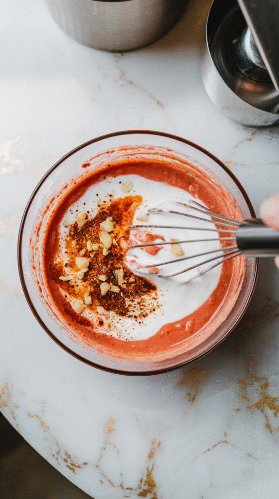 yogurt marinade being whisked in a bowl, with visible flecks of minced garlic, grated ginger, and spices mixed evenly, forming a creamy, vibrant red sauce.