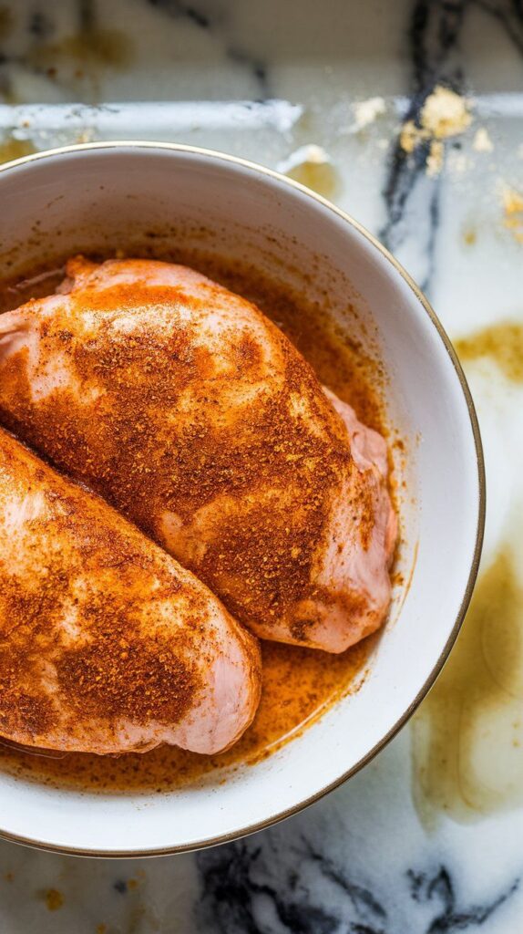 chicken breasts being coated in the vibrant yogurt marinade, with the spice mix clinging to the surface, inside a bowl.