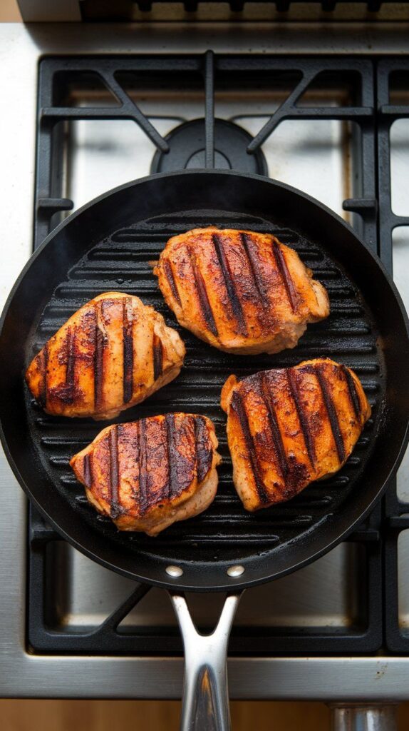 tandoori chicken breasts sizzling on a hot grill pan, showing deep, charred grill marks and a slightly caramelized surface.