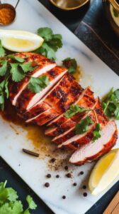 sliced tandoori chicken on a cutting board, garnished with fresh cilantro and lemon wedges on the side, juices glistening on the slices