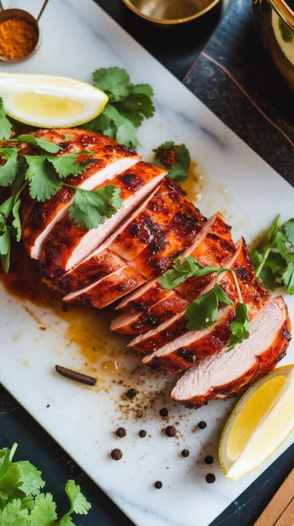 sliced tandoori chicken on a cutting board, garnished with fresh cilantro and lemon wedges on the side, juices glistening on the slices