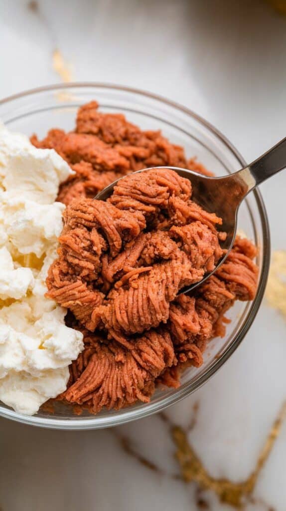ground turkey taco meat spooned into the bowl next to cottage cheese.