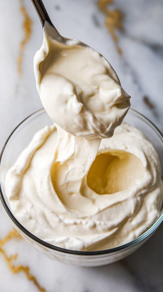 creamy cottage cheese spooned into a ceramic bowl. Soft, curd texture with slight shine
