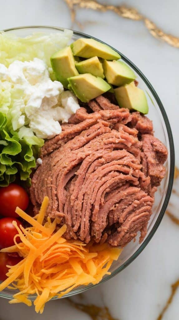 shredded lettuce, diced avocado, cherry tomatoes, and shredded cheddar added to bowl beside taco turkey and cottage cheese